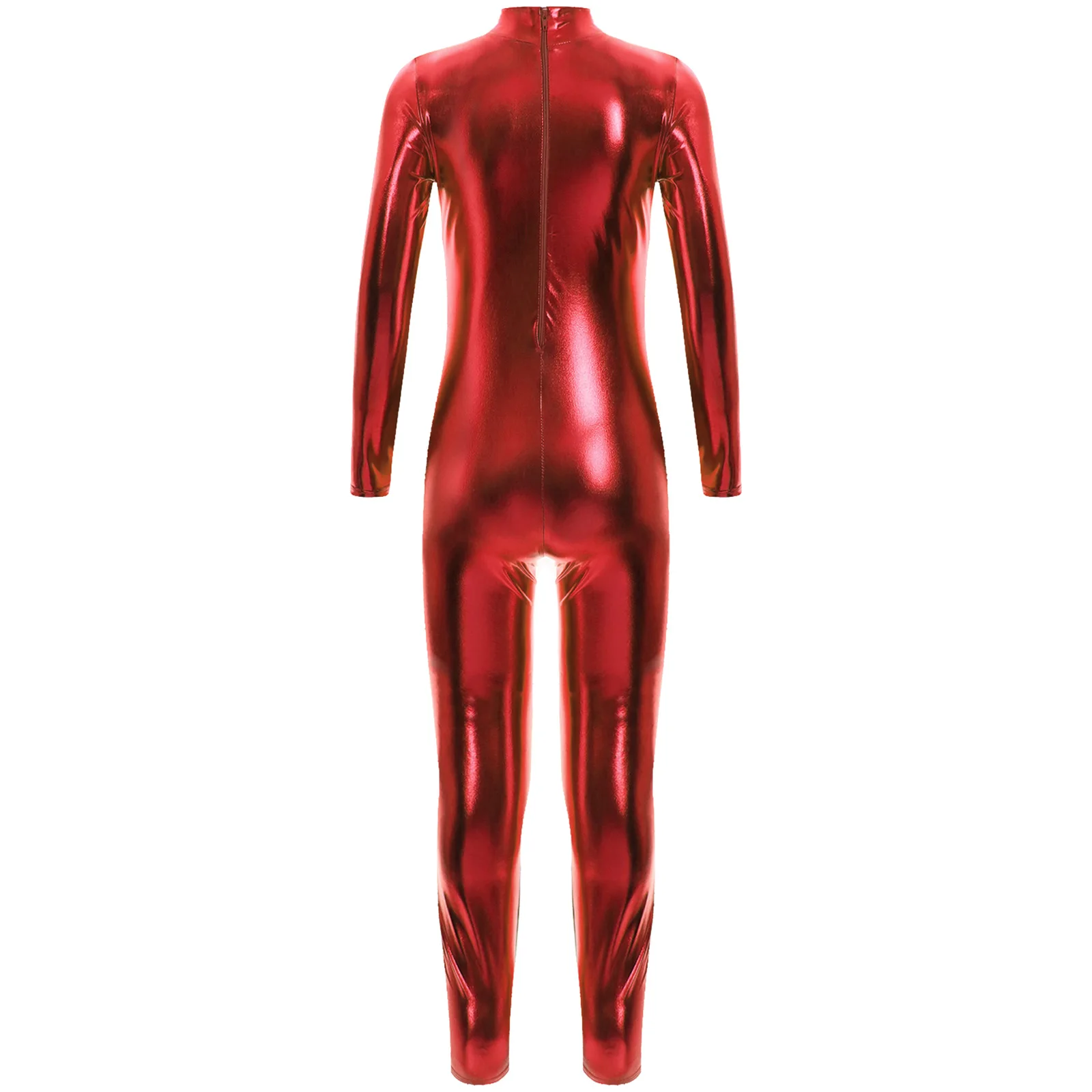 Dzieci dziewczęta chłopcy błyszczący metaliczny trykot gimnastyczny z długim rękawem Zip pełne body Catsuit taniec baletowy Unitard kostium na Halloween — zdjęcie 3