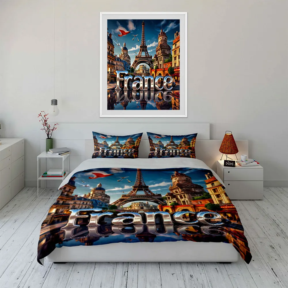 Eiffel Tower and French Streetscape Duvet Cover Set with 3D Printing Design Soft Polyester Bedding Set All-Season Comfort
