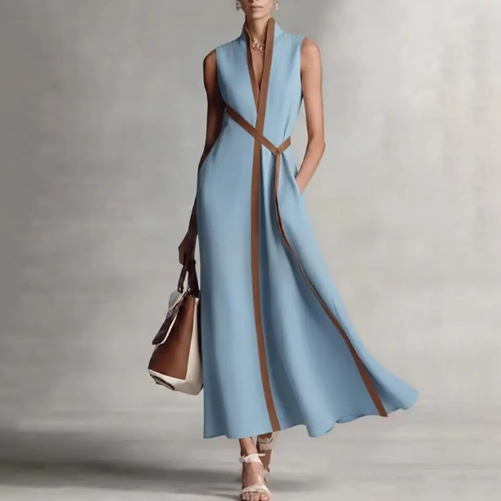Summer Sleeveless Contrast Striped Print Party Dresses Womens Spring Chic V Neck A-Line Long Dresses Elegant Vacation Maxi Dress