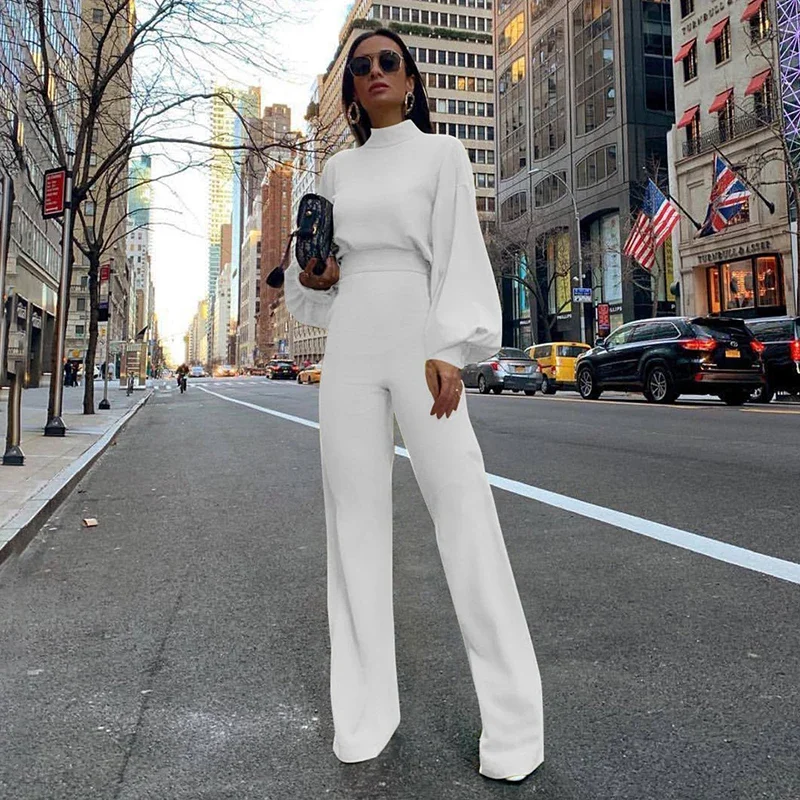 

Jumpsuit Women Elegance Turtleneck Bodysuit Pantsuit High Waist Female Jumpsuits Long Sleeve Backless Overalls 2023 White Black