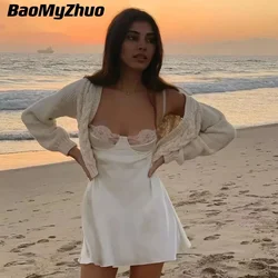 2024 New Sexy White Lace Trim Satin Mini Dress For Women Solid Backless Maxi Sundress Female Party Bodycon Dresses Streetwears
