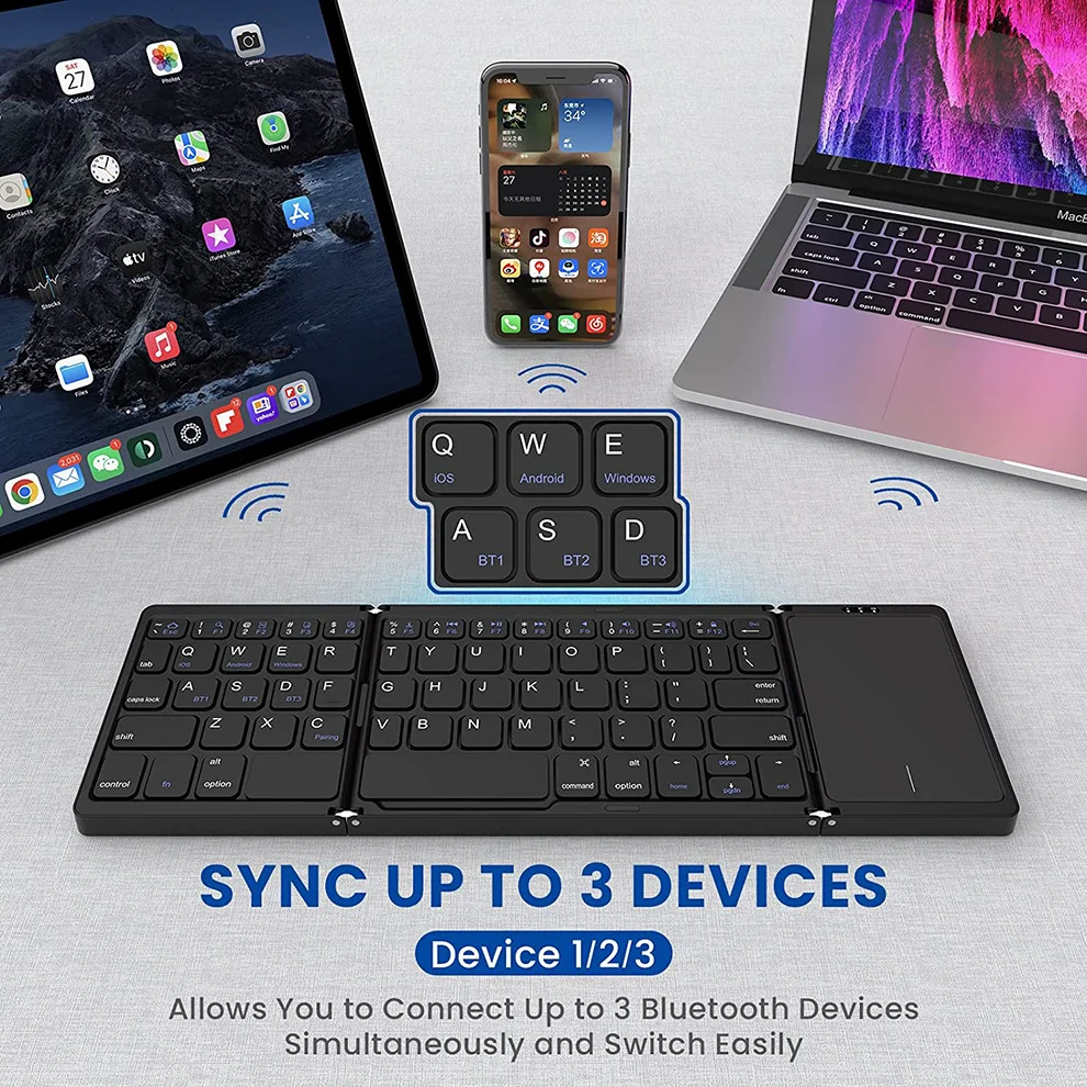 JOMAA Wireless Bluetooth Keyboard With Touchpad Rechargeable Foldable Keyboard With Trackpad Support 3 Devices For Tablet