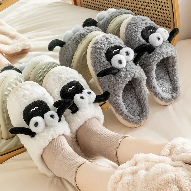 Cartoon Cotton Slippers Couples Cute Little Sheep Men Women Winter Home Warm Comfortable Indoor Anti Slip Floor Cotton Slippers