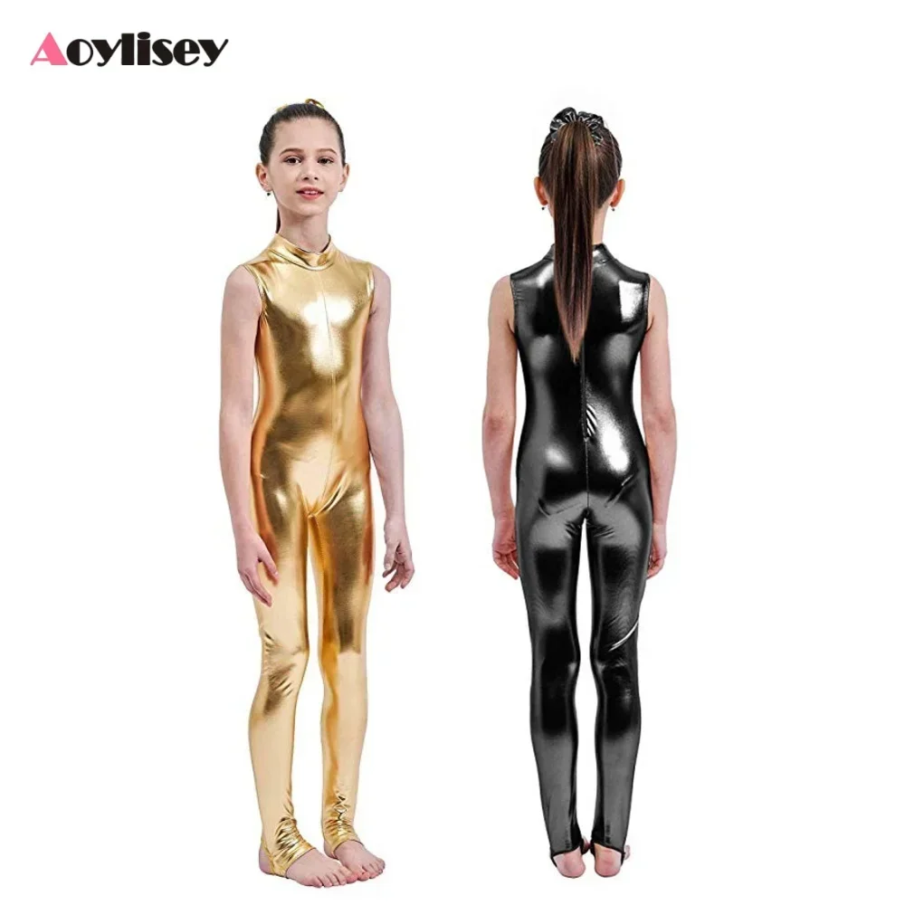 ชุดจั๊มสูทแขนกุดสีเมทัลลิกสำหรับเด็กผู้หญิง ซิปหลัง ชุดเต้นบัลเลต์ ชุดแสดงบนเวที ชุดยูนิทาร์ด คอสเพลย์ ชุดฮาโลวีน
