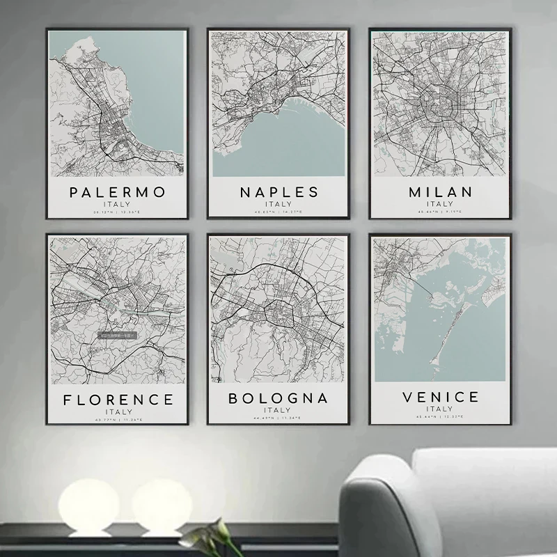 Italy Maps Florence Genoa Black White City Map Wall Art Poster Prints Modern Home Decor Canvas Painting Room Mural Picturesc