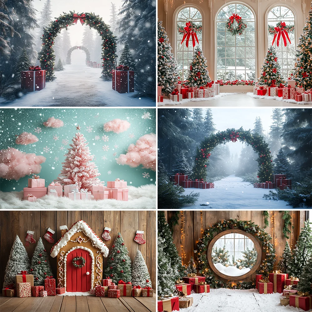 

Photography Background Winter Christmas Forest Glitter Arch Door Xmas Kids Family Portrait Decor Backdrop Photo Studio
