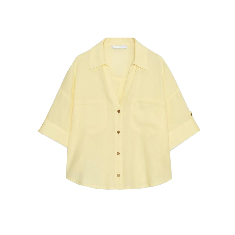 Summer New Casual Sle Mixed Fiber ort Collar irt Women's Loose Fit Polyester Blend UV Protection Pure Color Button up