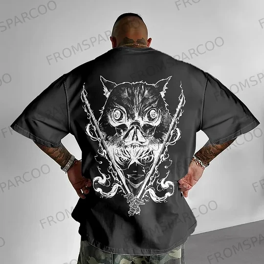 Sparcoo メンズ グラフィック T シャツ 激しい猫 アニメ スタイル パターン クロスナイフ付き 2025 夏 半袖 コットン