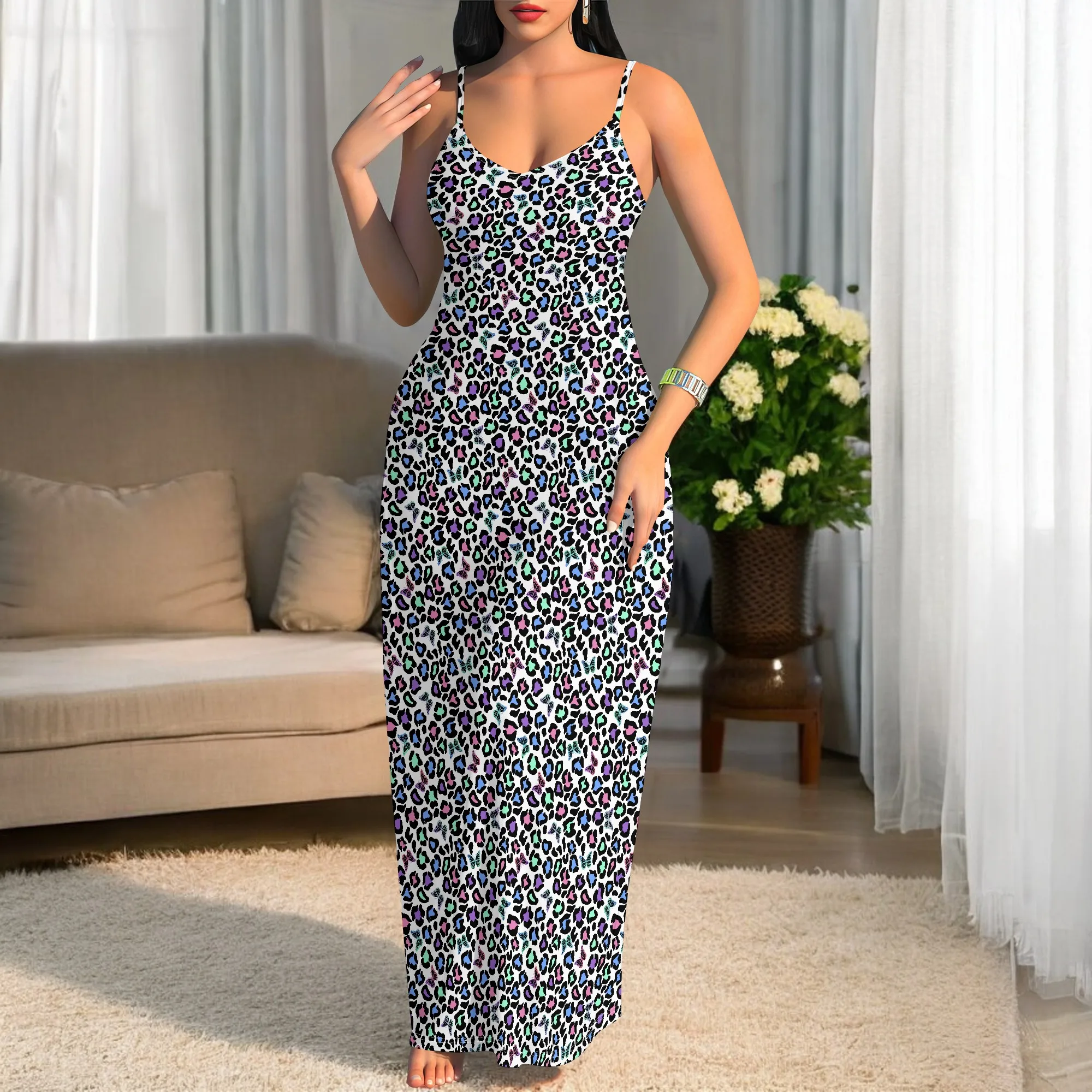 

Women Maxi Dress Sexy Leopard Print Stylish Spaghetti Strap for Casual Elastic Comfort
