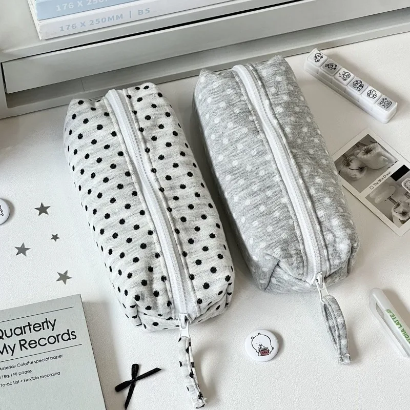 Пенал в стиле кэжуал с принтом в горошек, вместительная косметичка в корейском стиле, портативный органайзер для канцелярских принадлежностей для студентов