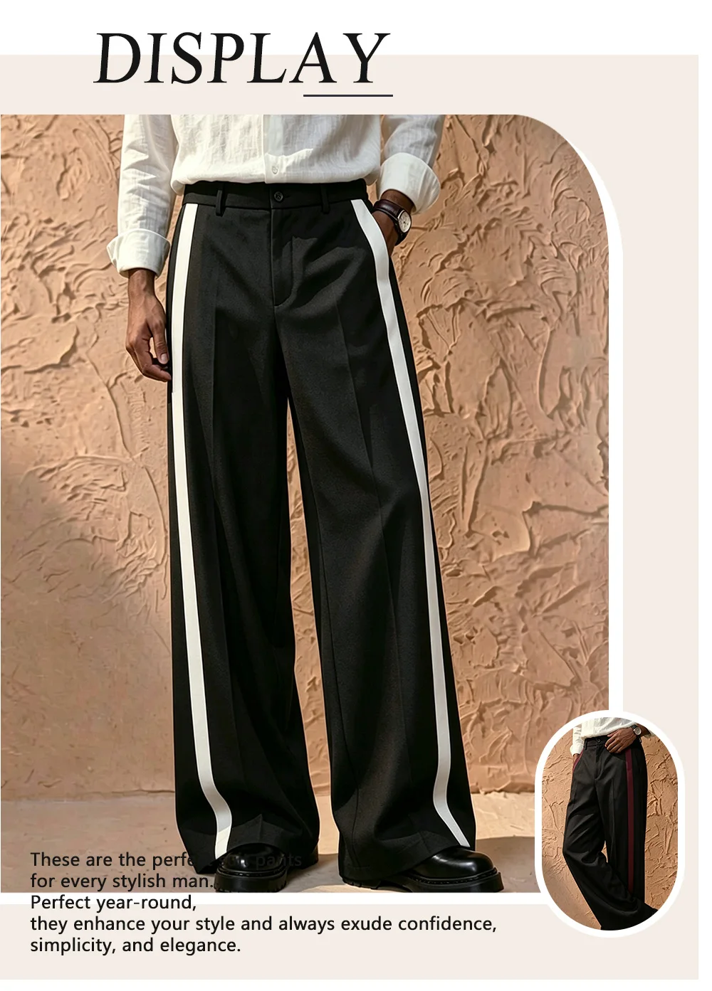 Herbst-Winter Herren Farbblock-Plisseehose, elastischer Bund, Stretch-Schlaghose, Designer-Hose für leichte Business-Anzüge – Detail 1