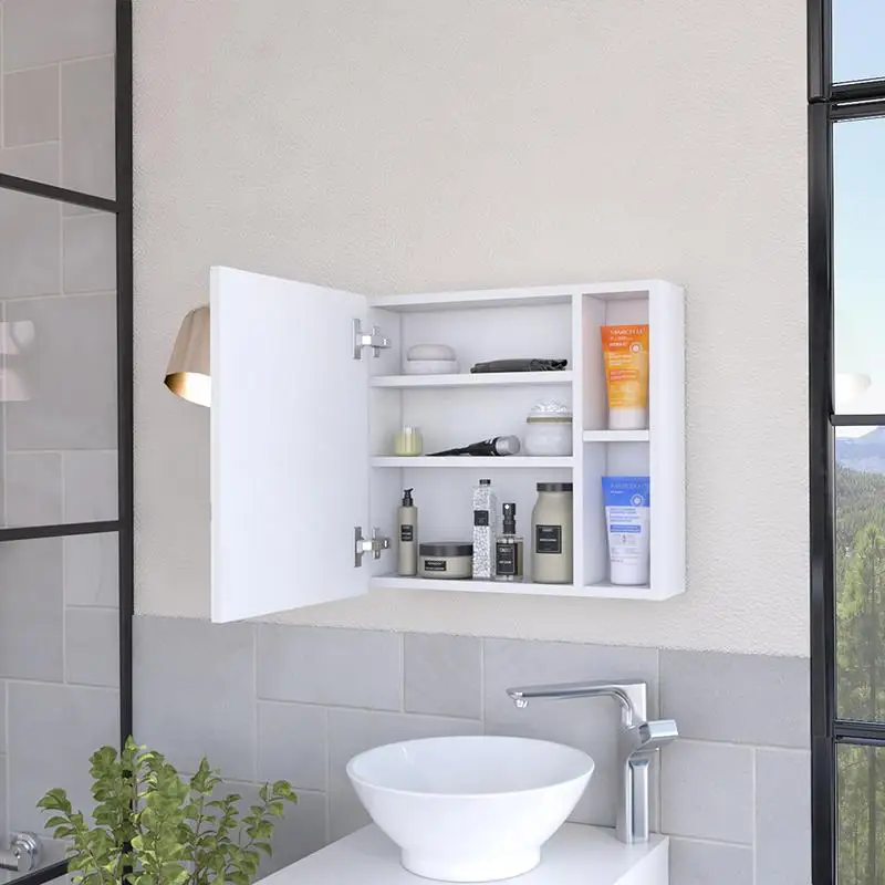 

Medicine Cabinet, Viking Style, 3 Internal Shelves, Single Door, 2 External Shelves, White Finish