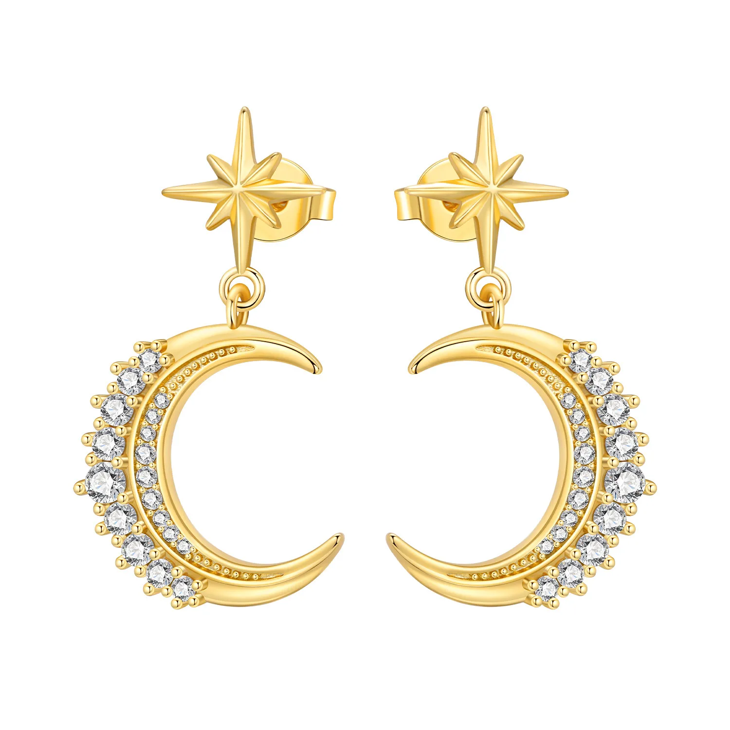 

PANPOKI S925 Sterling Silver 18K Gold Sparkling Starry Moon Stud Earrings For Lady Jewelry Anniversary Trendy Original Gifts