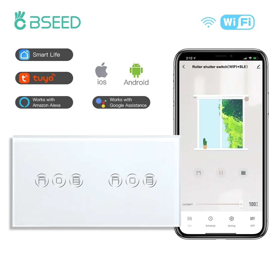 Bseed WIFI Shutter Switches Double Wall Smart Blind Crystal Touch Screen Roller Shutter Switches Wireless Smart Life TUYA App