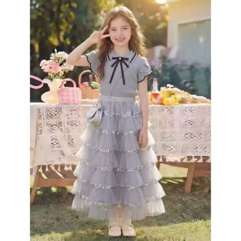 Girls Grey Cake Skirt Set 2026 Summer New Small Fragrant Style Girls T-shirt Mesh Skirt Two Piece Set