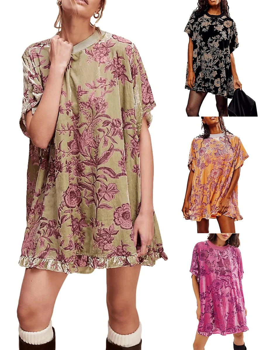 Women Velvet Dress Long Sleeve Crew Round Neck Flower Mini Dress Loose Fall Casual Dress Basics Versatility Elegant