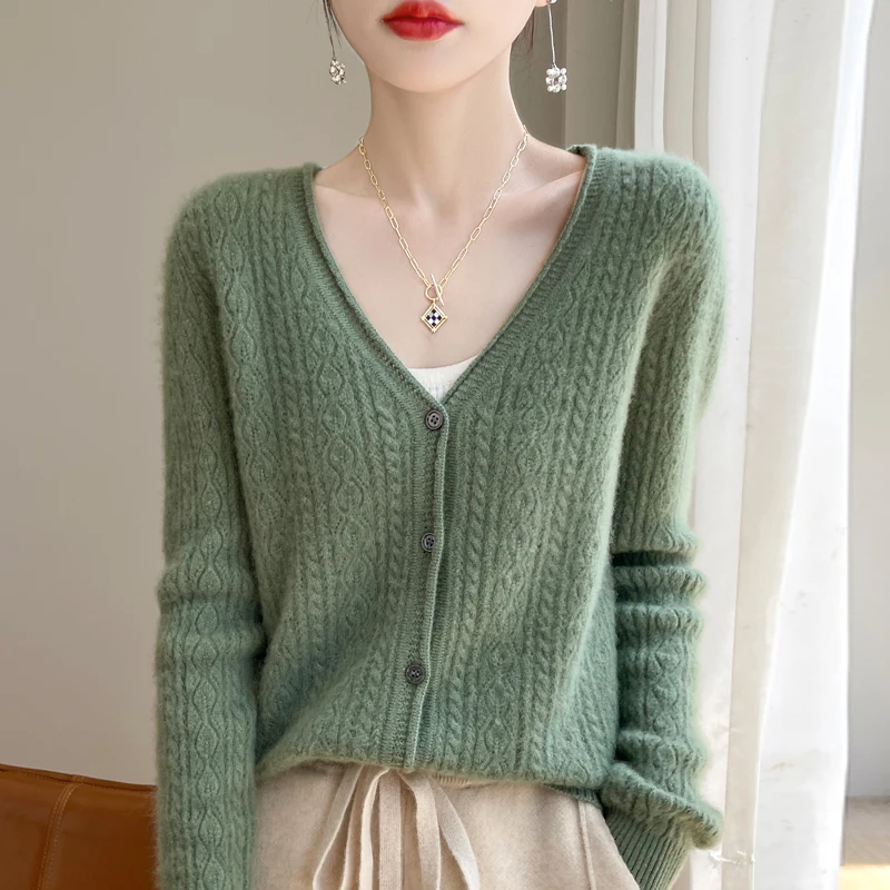 Pure Wool Sweater Cardigan Women Clothe V-neck Sweater Hollow Out Female Long Sleeve Top Autumn Winter Knit Curling Edge Sweater