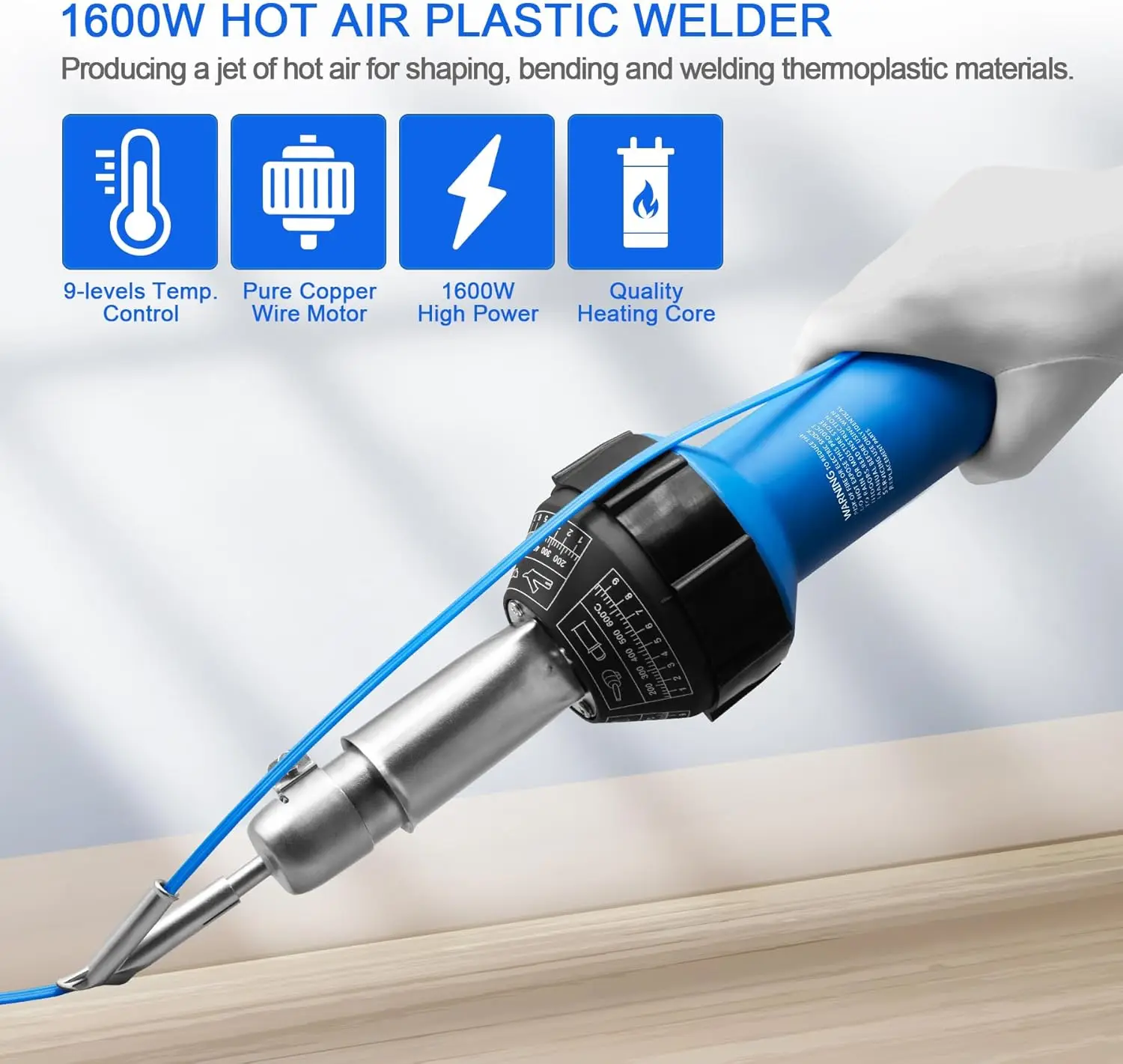 Hot Air Plastic Welder 1600W Plastic Welding Roofing Kit 110V, Vinyl PVC TPO Welding Handheld Plastic Hot Air Heat Gun Welding