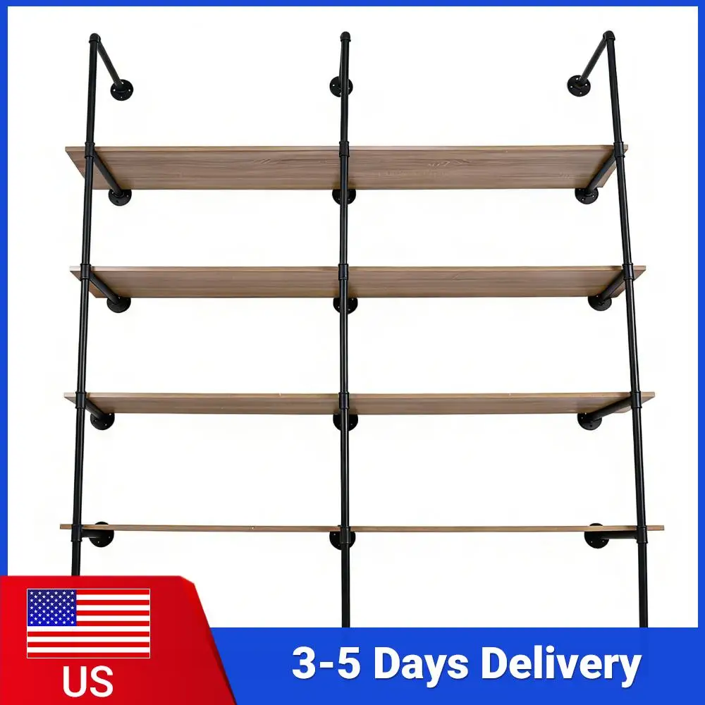 

Настенные винтажные ретро-полки с 5 ярусами, 72 дюйма, из трубчатого профиля, с полками из массива дерева для дома, офиса, гостиной