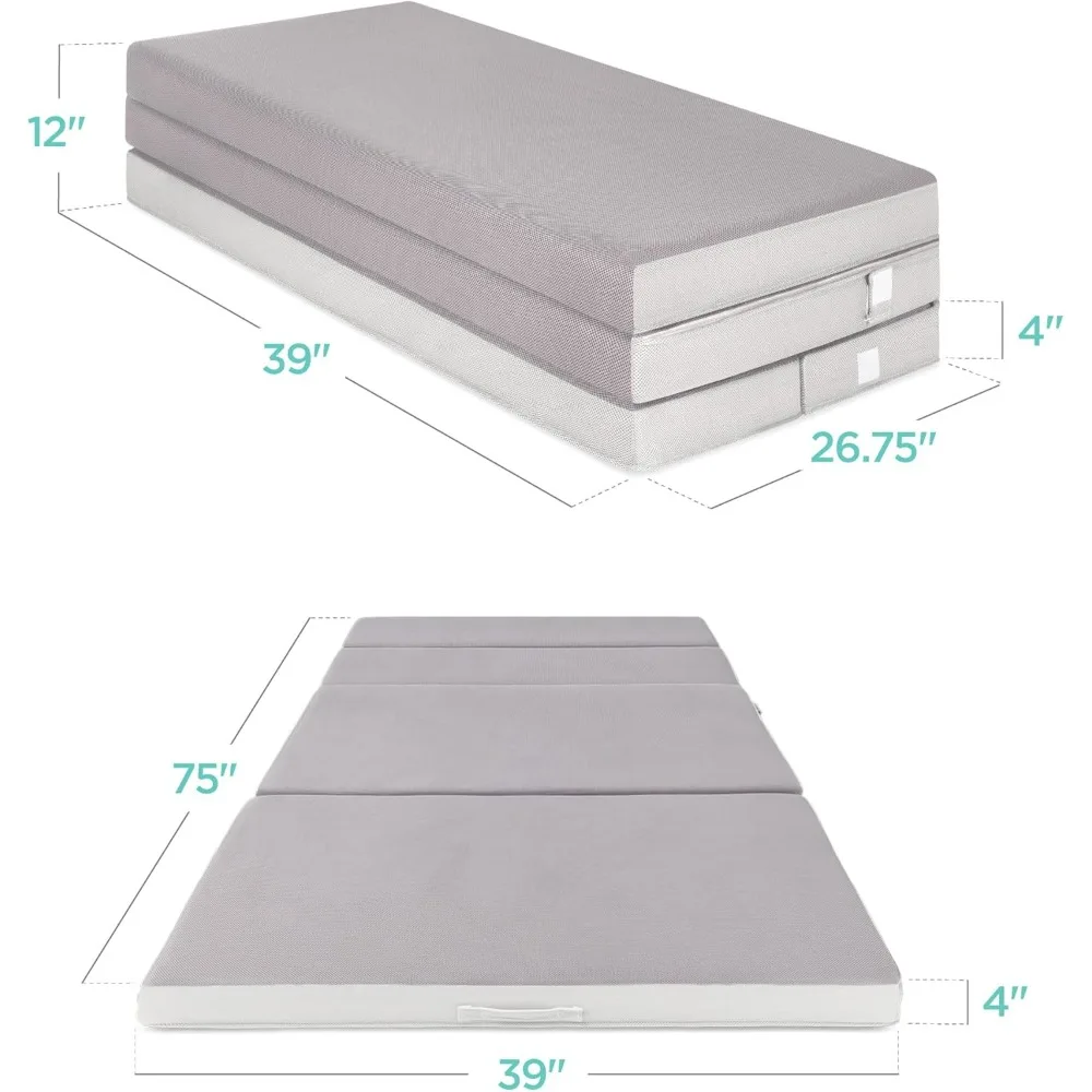 4-inch portable twin size mattress, folding mattress cover, foam plush with suitcase - grey