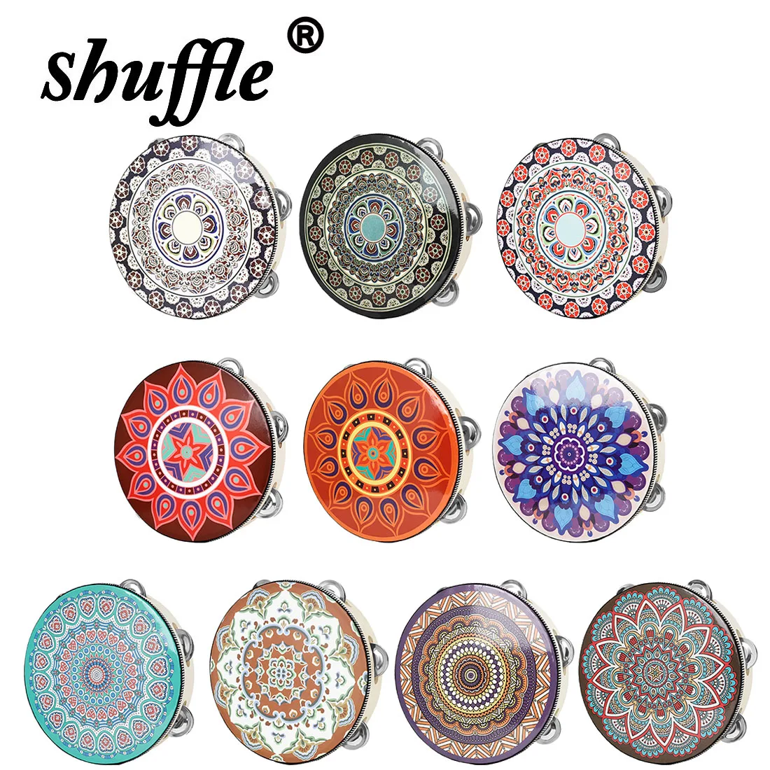 Pandereta de 8 pulgadas, tambor de campana, estilo Dunhuang, campanas de acero inoxidable, tambores, instrumentos musicales de percusión, regalo para niños Orff