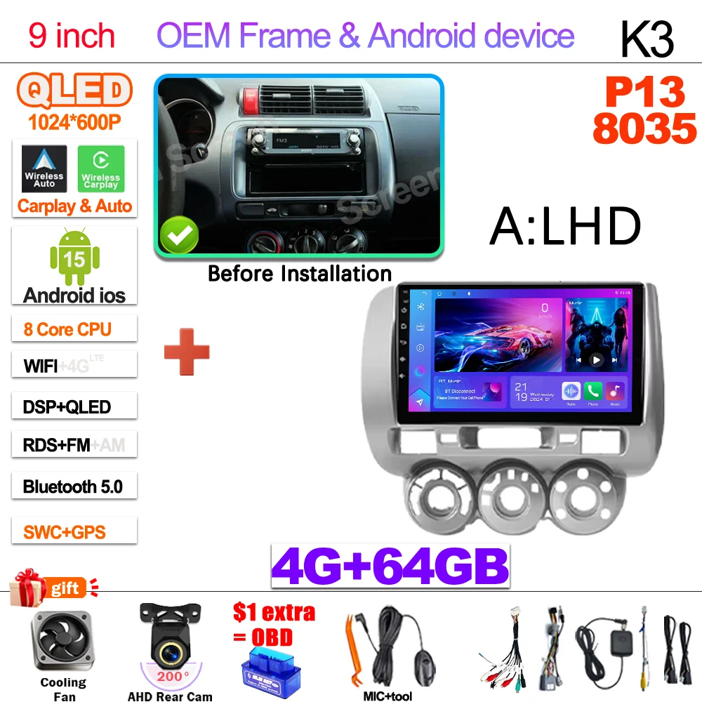 Android 15 Car Radio For Honda Fit Jazz City 2002 2003 2004 2005 2006 2007 Multimedia Video Player Navigation GPS 5G Carplay RDS image 3
