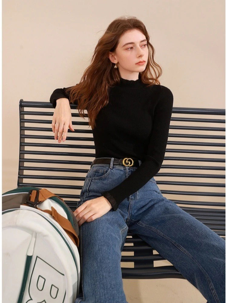 Damski sweter z golfem na jesień i zimę, vintage, basic, jednolity, z koralikami, koreańskie topy, casualowy, dopasowany sweter, prosty top bazowy.