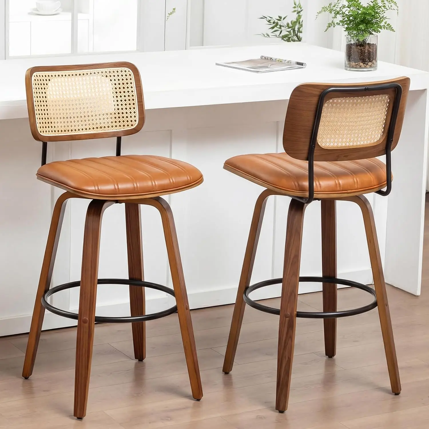 Swivel Bar Height Stools, Mid Century Bar Stools with Rattan Curved Back, Customized