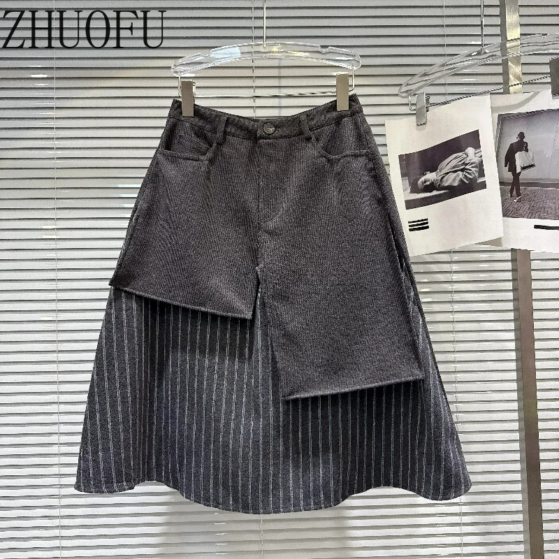 2026 Autumn New Women's Half Skirt Casual Vintage Design Vertical Stripe Splicing Hem Loose High-Waisted A-Line Skirts Ladies