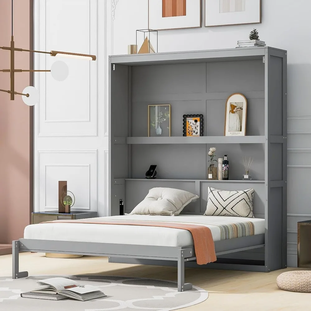 Cama Merax Queen Size Murphy, cama de gabinete Queen Murphy de madera con estantes, cama de pared para oficina en casa o habitación pequeña, gris
