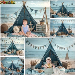 Mocsicka Fotografie Hintergrund Sommer Strand Ozean Thema Zelt Dekor Kinder Geburtstags feier Kuchen Smash Hintergrund Fotostudio