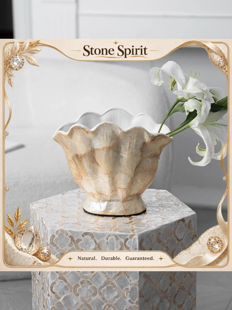 【Natural】Natural Seashell Inlaid Ceramic Vase, Handmade Luxury Gold Flower Vase for Home Decor Living Room Decoration