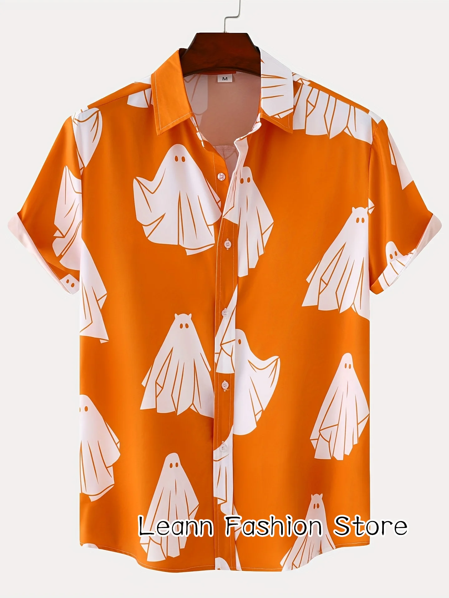 Summer Men Fashion Beach Shirt Cute Ghost Printing Shirt Leisure Shirt Casual Hawaiian Vacation Short Sleeve Cartoon Clothing