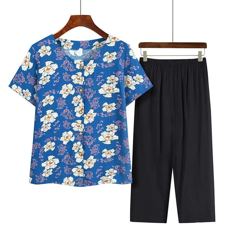 

Middle Aged Mother Suit Summer Pajamas Set Women Two Piece Short Sleeve Sleepwear Cardigan Pijama Feminino Plus Size Homewear
