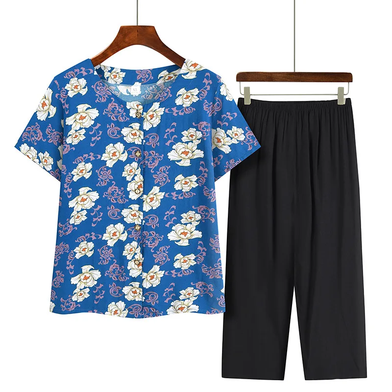 Conjunto de pijamas feminino de duas peças, pijamas de manga curta feminino, terno de mãe de meia idade, cardigã plus size, verão