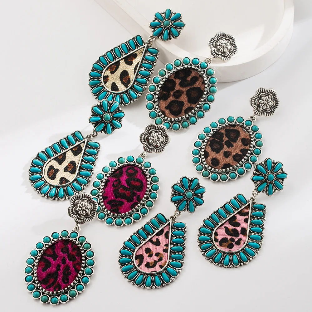 Hot-selling western ethnic style earrings, retro court style with turquoise leopard print leather exaggerated personality earrin