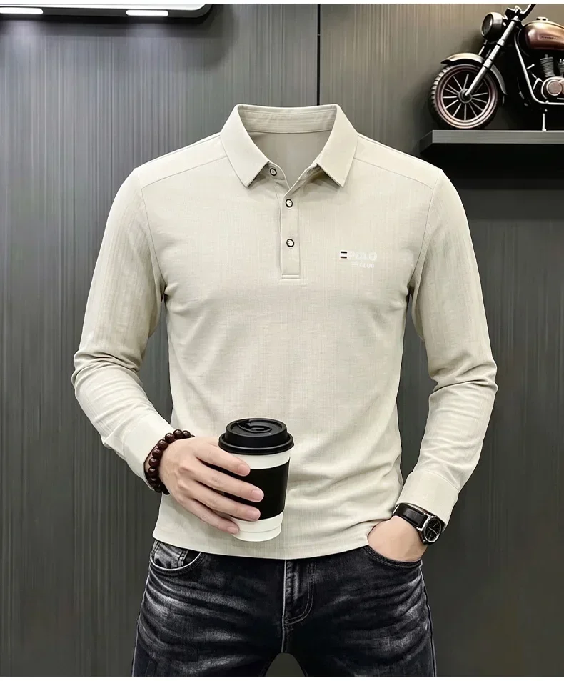 Brandneues Herren-Poloshirt mit Print, Herbst, einfarbig, langärmelig, Arbeitsoberteil, Herren, Business, formelle Arbeitskleidung, Hemden für den Frühling. – Detail 24