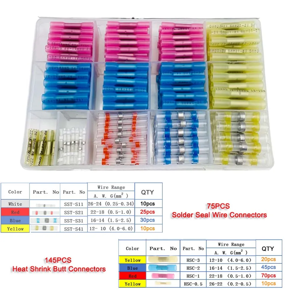 

220pcs Heat Shrink Butt Crimp Connectors Solder Seal Wire Connectors, Heat Shrink Electrical Connectors Waterproof Terminal Kit
