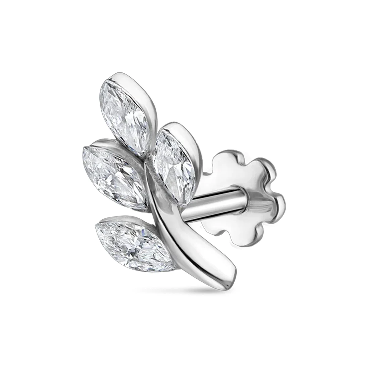 Marquise Cut Lab Grown Diamond Leaf Single Stud Earring 9K 14K 18K White Gold Threaded Screw Back Minimalist Fine Jewelry