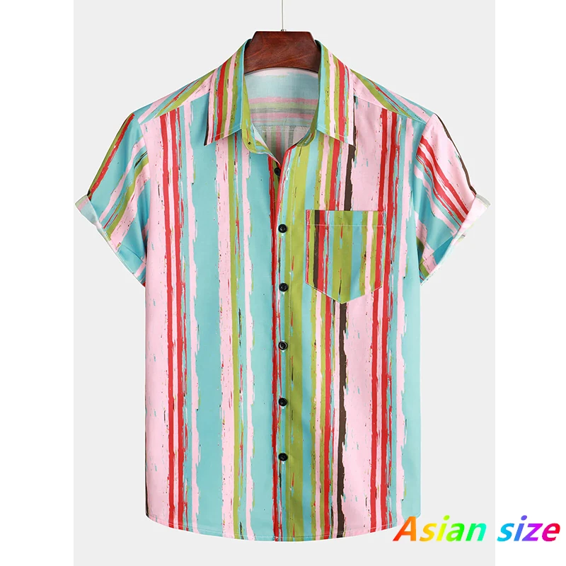 

Fresh & Delicate Korean Style Sweat Men's Short Sleeve Shirt Stripe Shirts Trend Casual Loose Breathable Tops Hawaiian Shirt 6xl