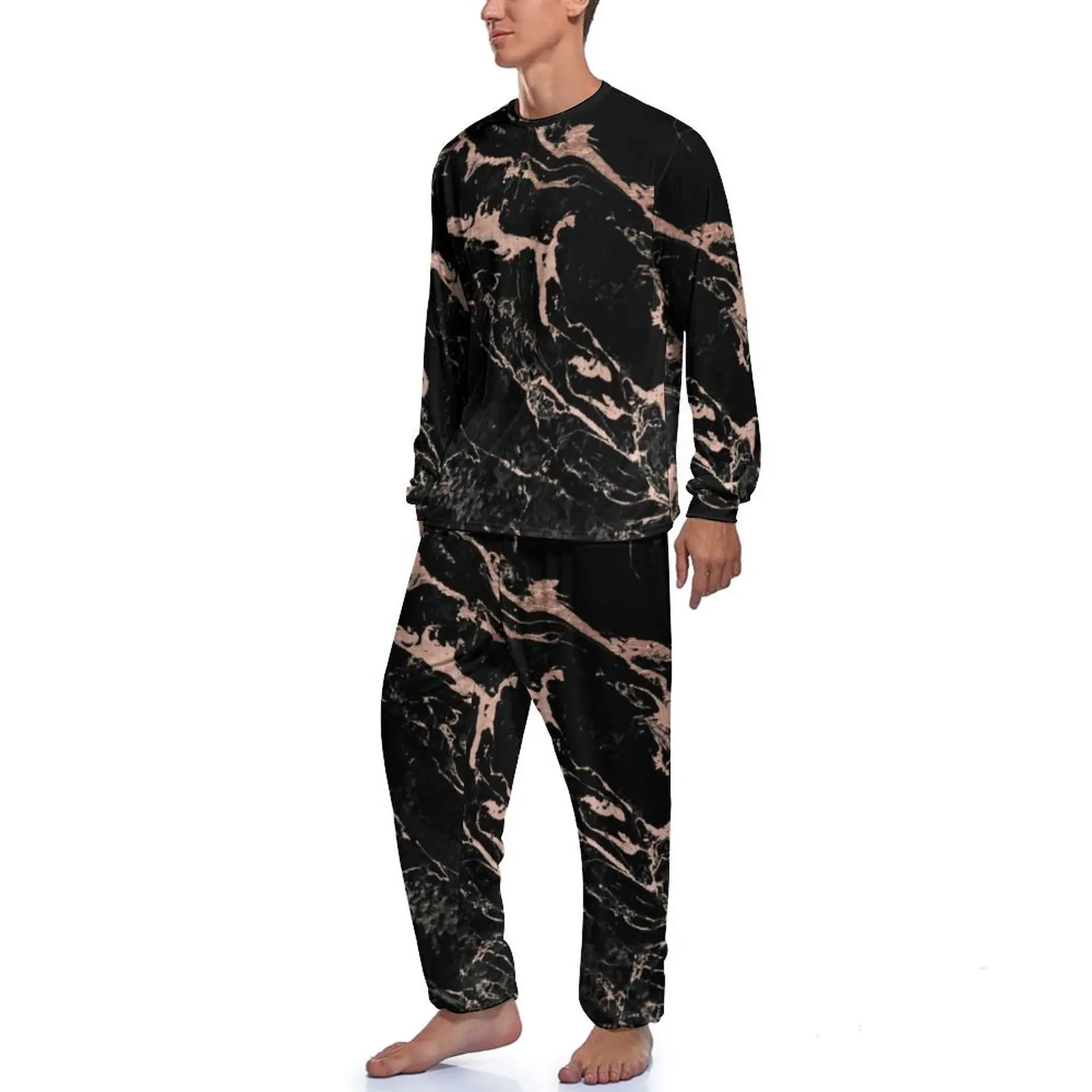 Black Marble Pajamas Long Sleeves Stylish Modern Print 2 Piece Home Pajamas Set Winter Male Graphic Cute Home Suit