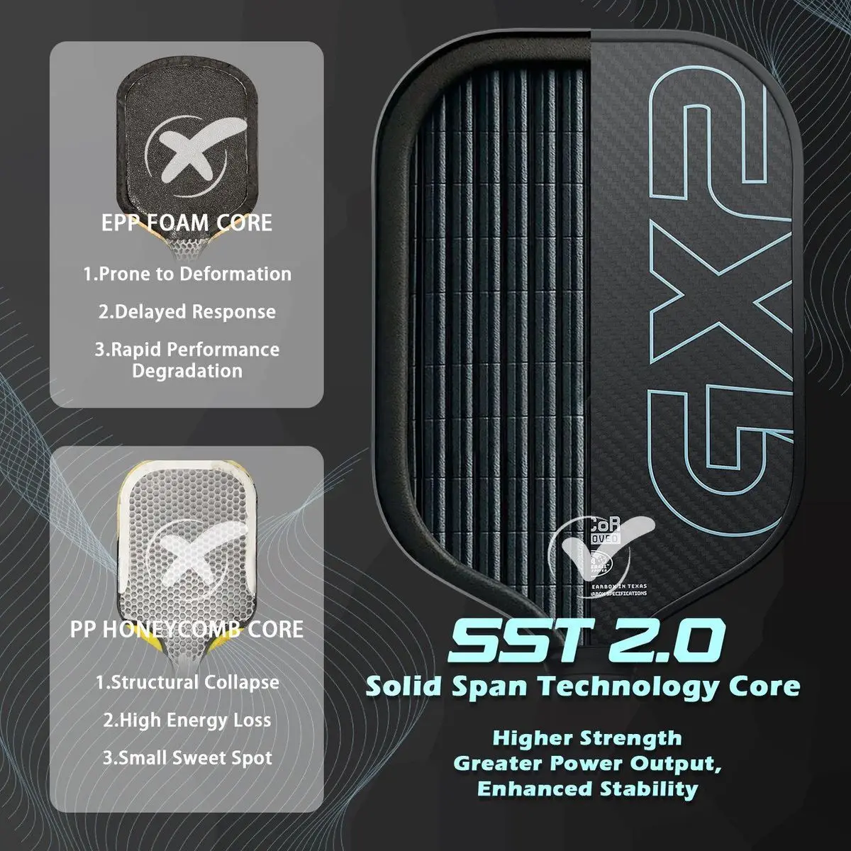 GX2 Elongated SSTCORE 2.0 3k gewebter Rohkorb 16mm Toray T700 Mittelmodul-Kohlefaser, thermoformbar, einteilig geformter Pickleball-Schläger – Detail 4