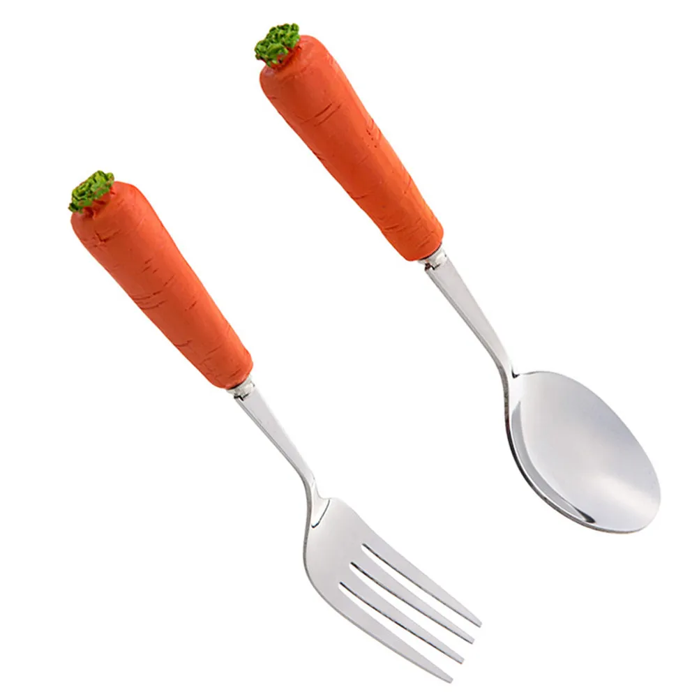 

Carrot Design Kids Spoon and Fork Set Stainless Steel Baby Learning Utensils for Self Feeding Hand Eye Coordination Training