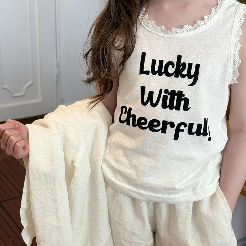 Girl's Stylish Sleeveless T-shirt Trendy Children's Korean Version with Sweet Lace Vest