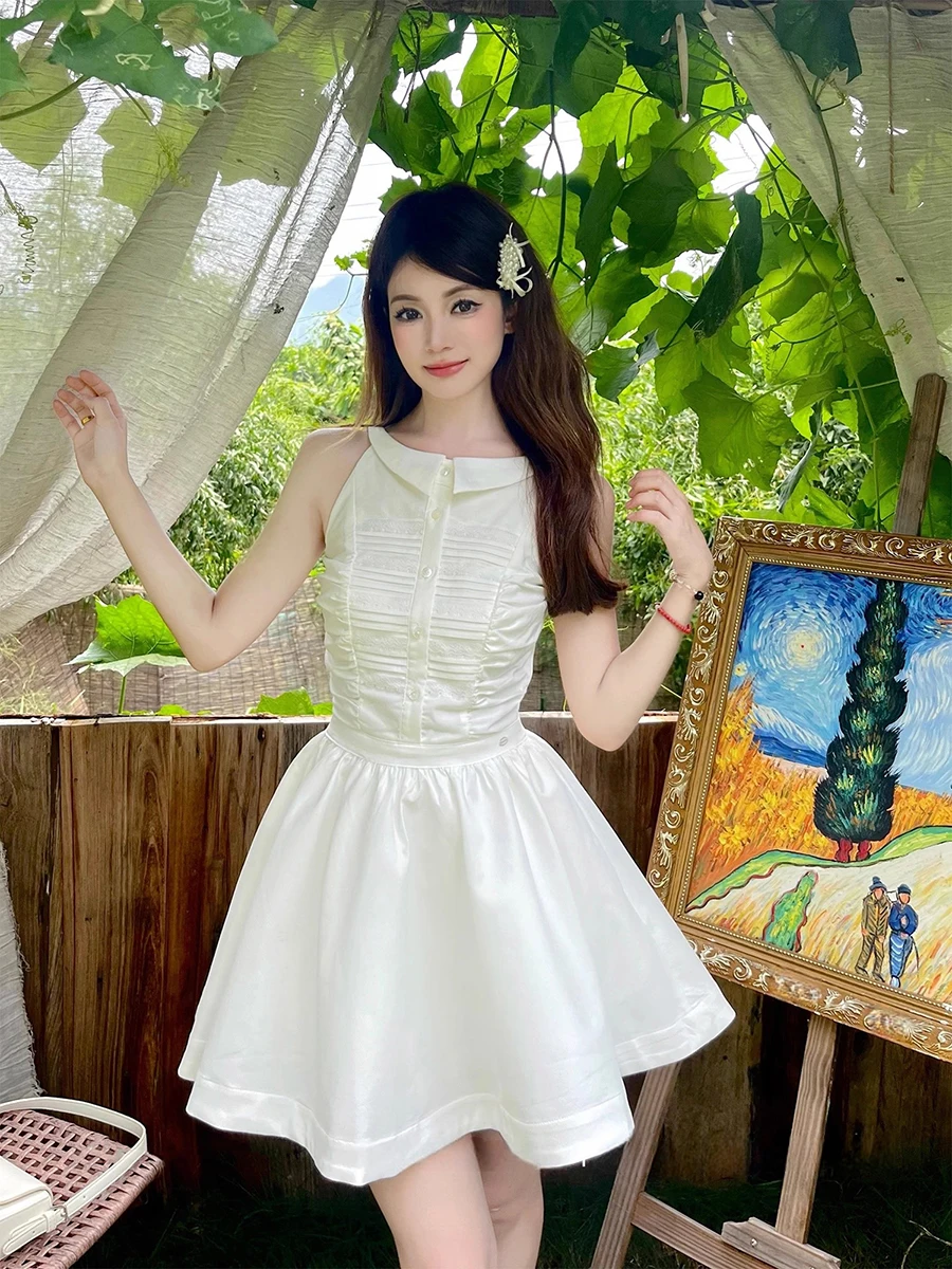 REDDACHiC Revers Turkse Witte Jurk voor Vrouwen Mouwloze Stitch Kant Plooien Shirt Jurk Bruiloft Gast Afstuderen Zomerkleding