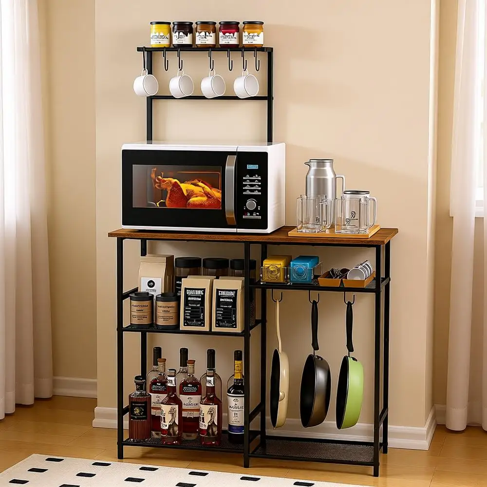 

6-ярусная кофейная станция с местом для хранения, подставкой для микроволновки и подставкой для специй в деревенском стиле, коричневая