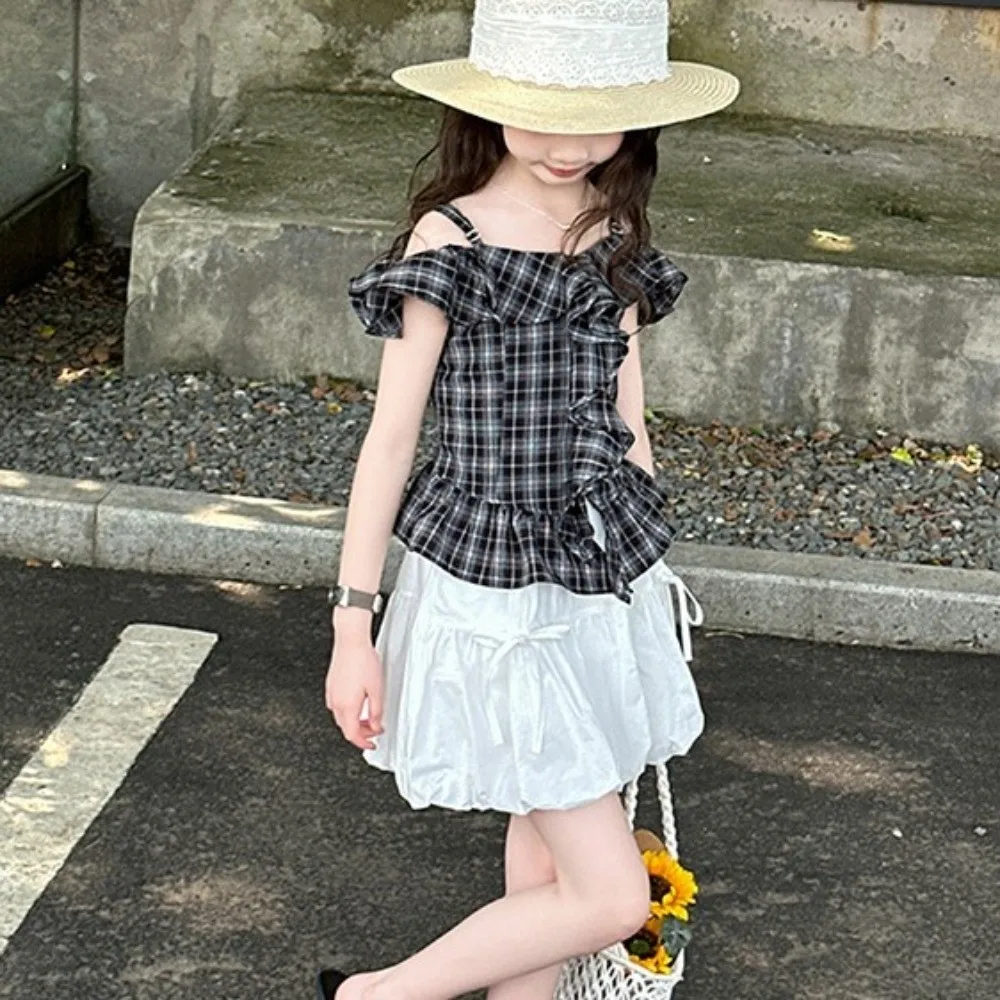 

Grid Pleated Ruffles Short Dress One Shoulder Neck Camisole Top Girls Puff Sleeve Skirt Suspenders Loose Children Plaid Dress