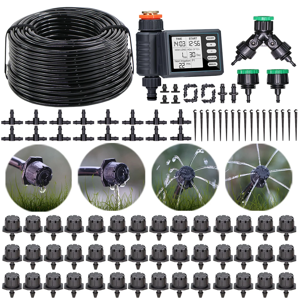 

5-50m Greenhouse Watering Big LCD Timer 1/4'' Black Dripper Irrigation System Connector 4/7mm Hose for Home Garden Potted