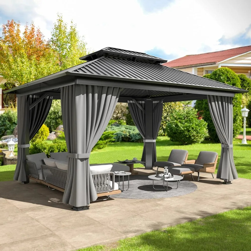 Gazebo de tapa dura de 10x12 pies con marco de aluminio, cenador de doble techo de acero galvanizado con redes y cortinas, cenador permanente