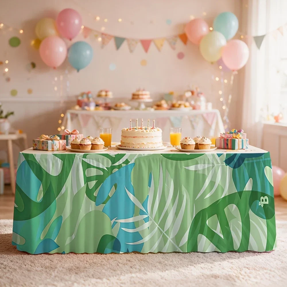 One piece of table skirt with a Halloween theme, featuring green tropical leaf print, as a tablecloth.xzj